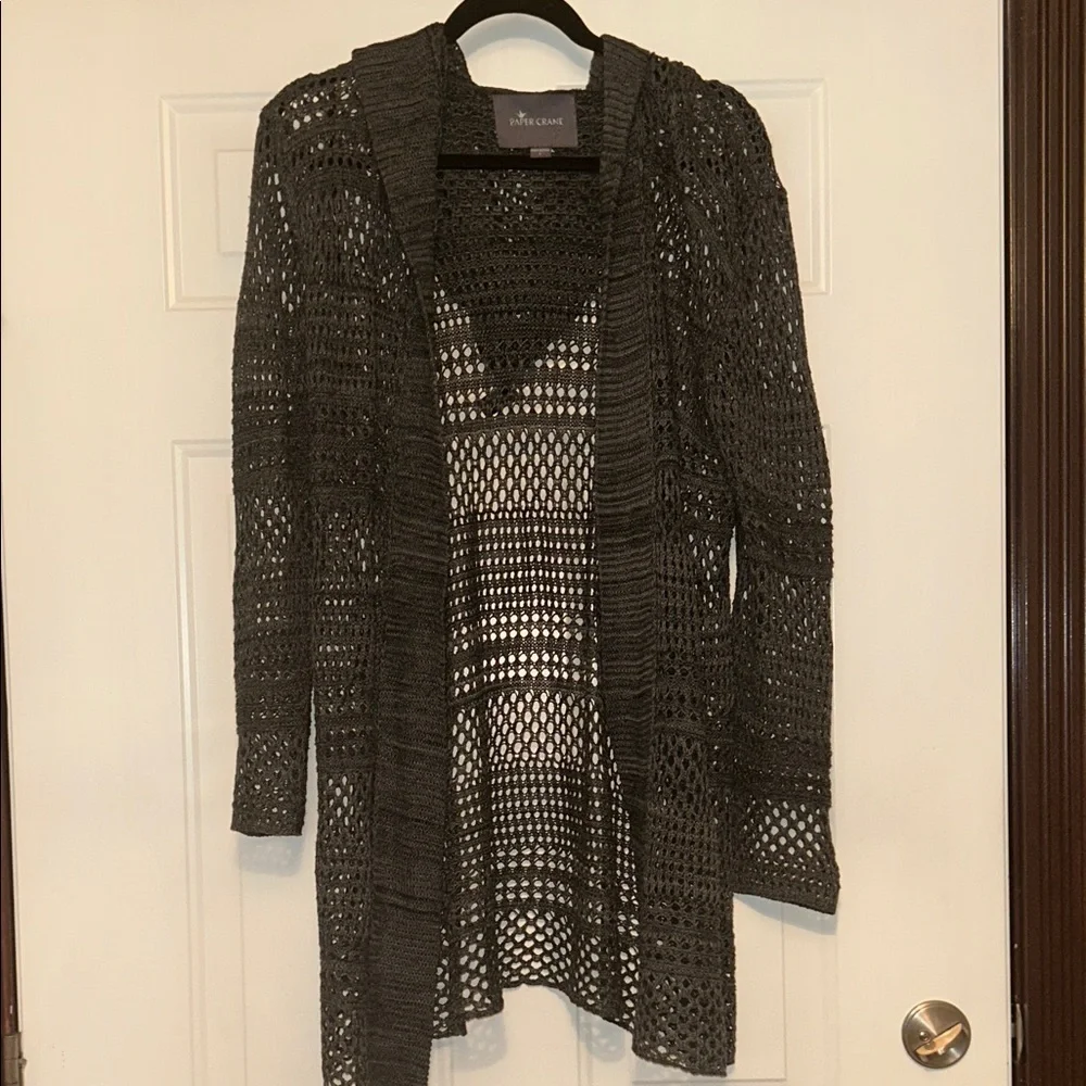 Paper Crane/Anthropology Open-Knit Sweater L Gray Boho Cotton Hood Swim Coverup